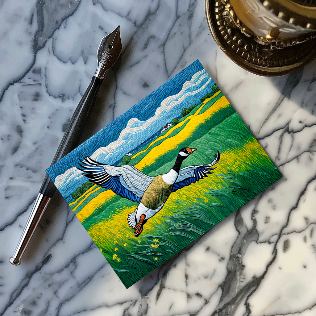 raxxa Postkarte: Wild Goose Flying Over Blooming Meadow