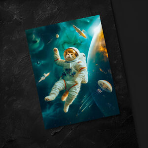 raxxa Postkarte: Orange cat floating in space with debris