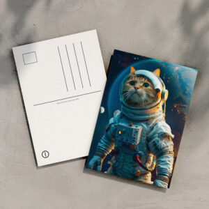 raxxa Postkarte: Tabby cat in astronaut suit near Earth