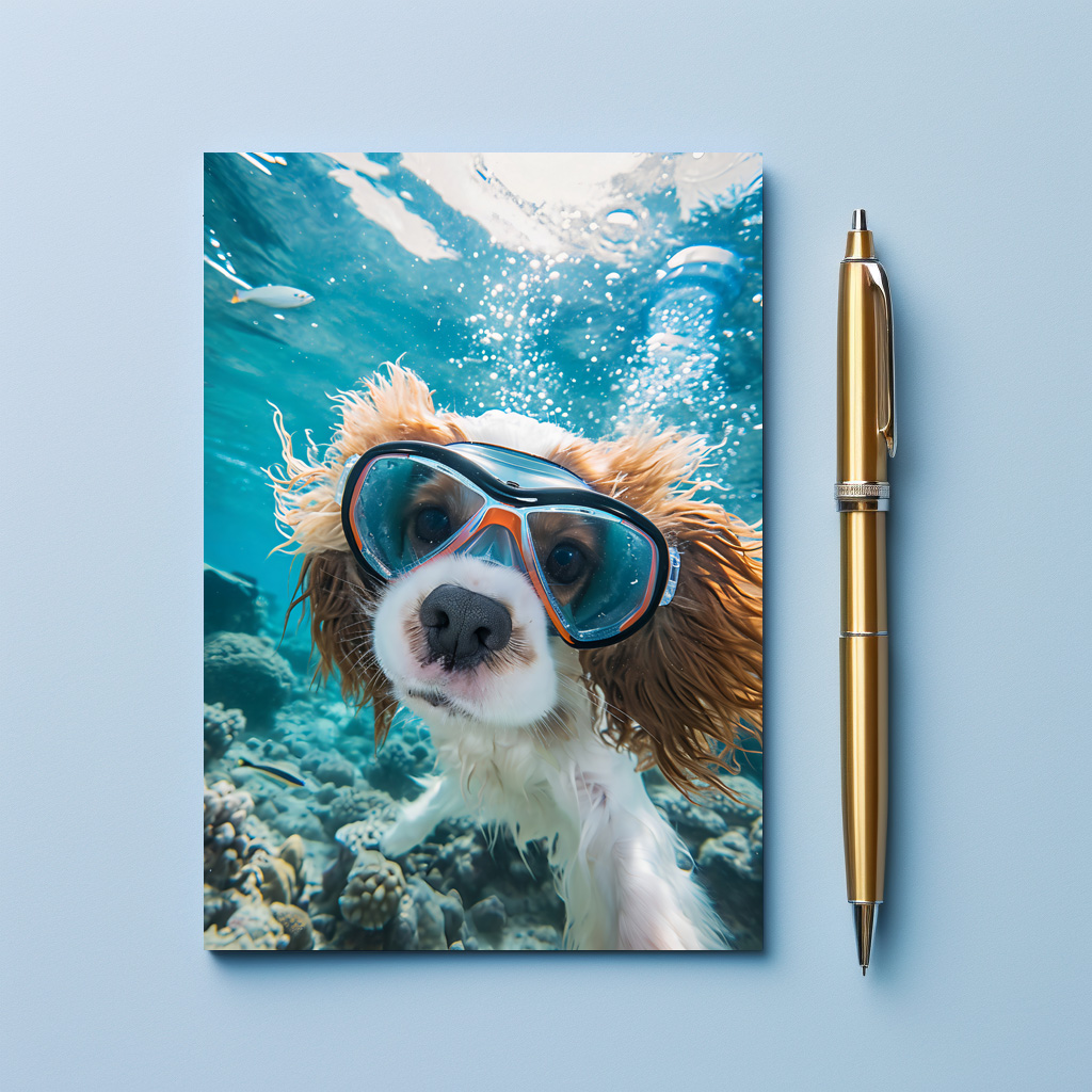 raxxa Postkarte: King Charles Cocker Spaniel Takes Selfies driving on a coral riff