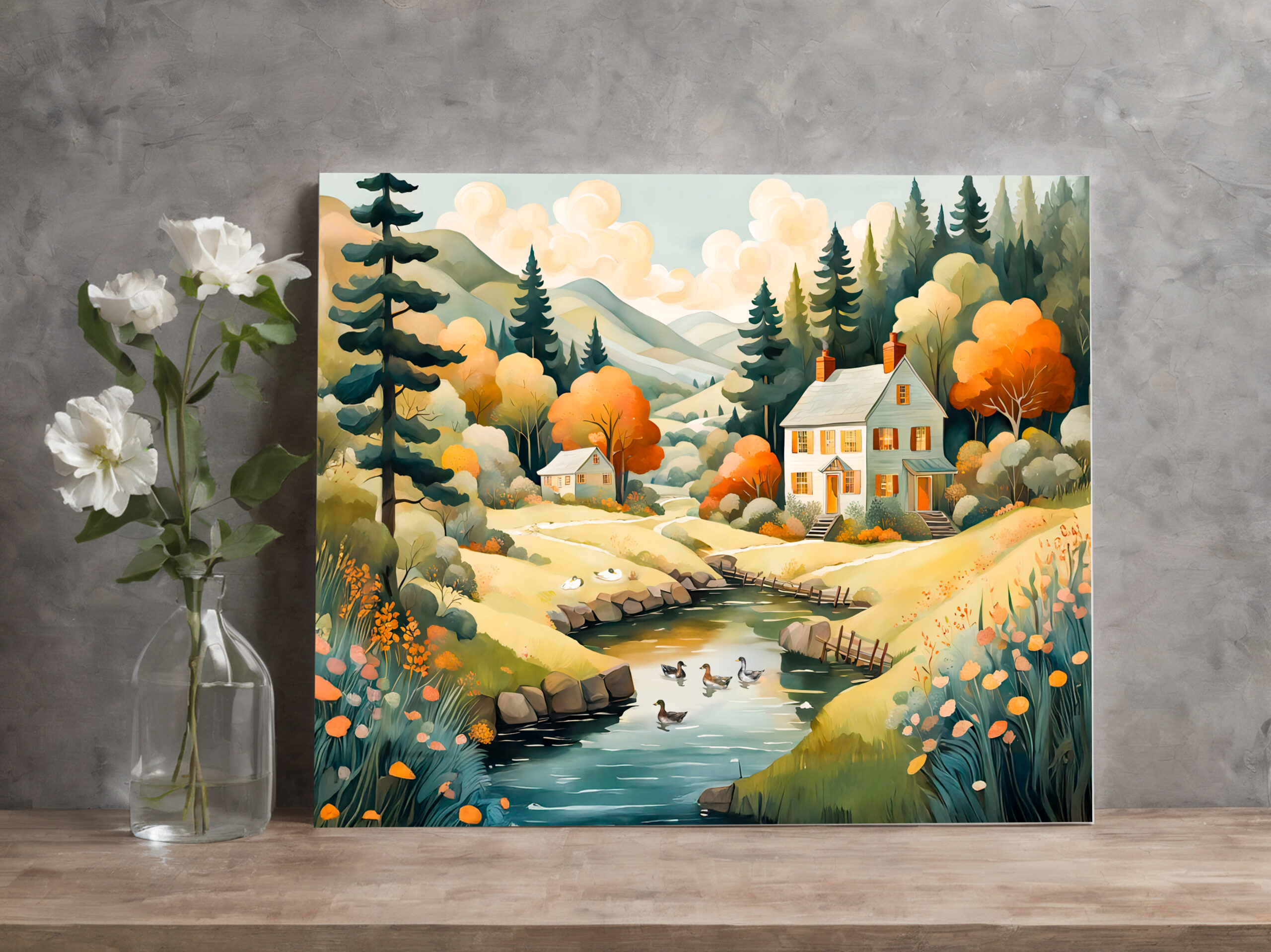 raxxa Canva: Autumn House by the Pond with Ducks - Imagen 2