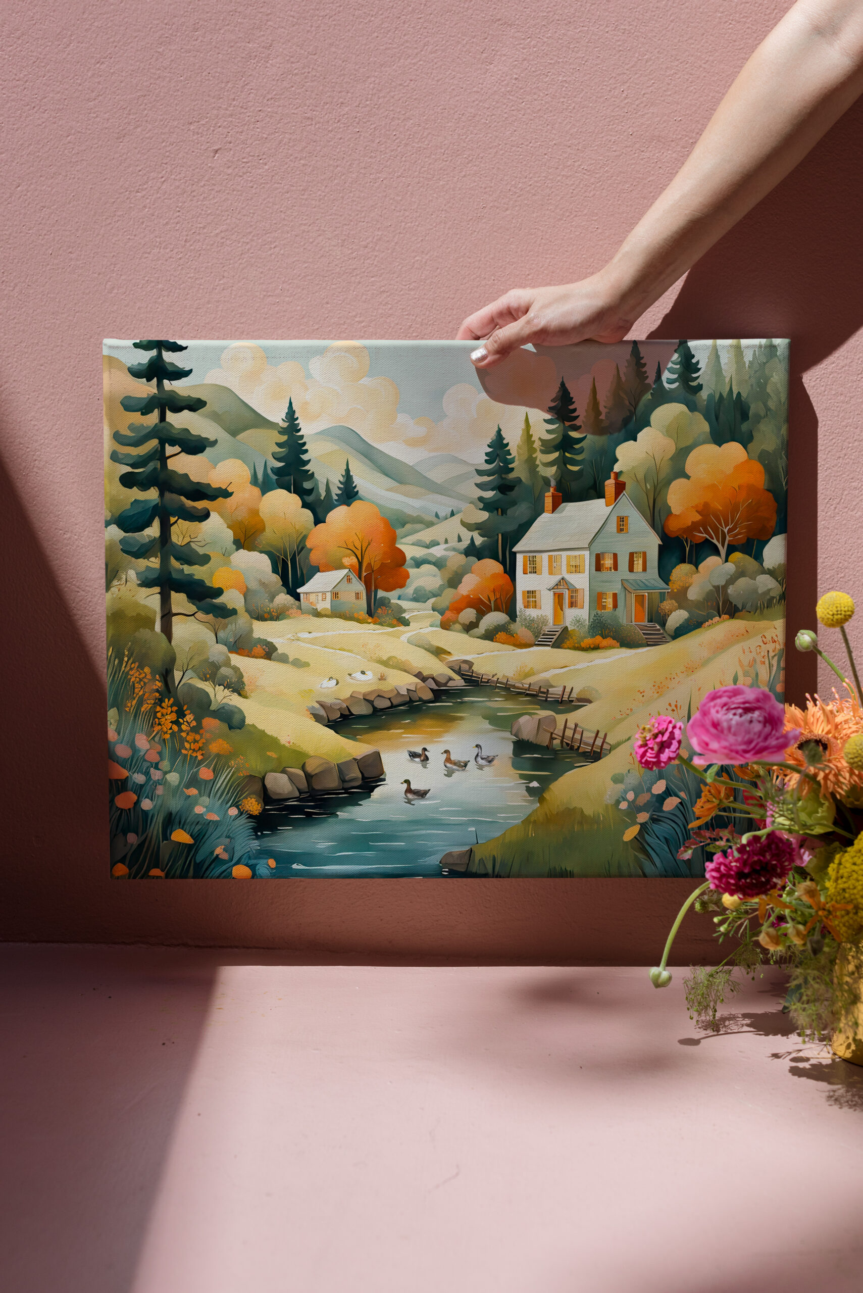 raxxa Canva: Autumn House by the Pond with Ducks