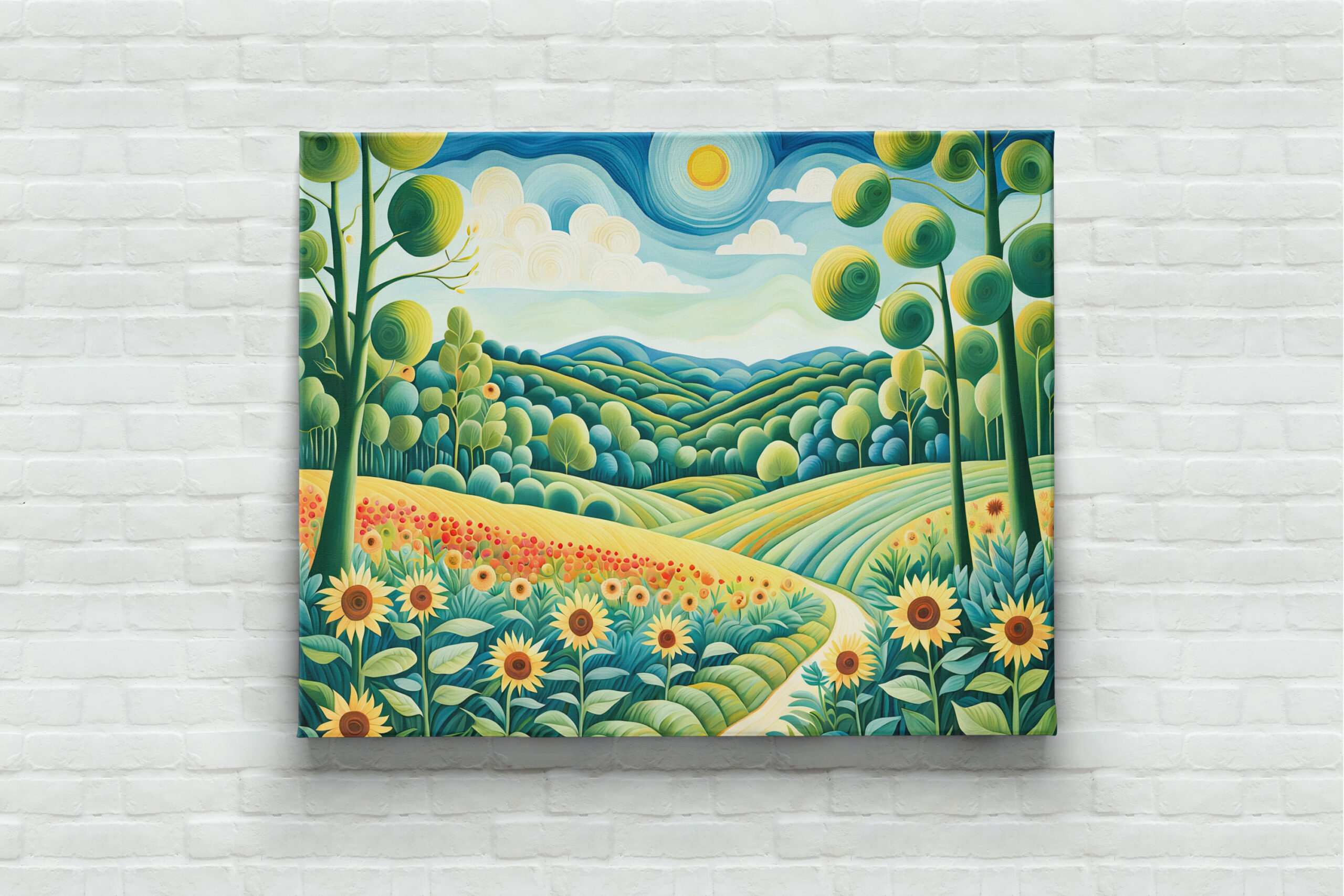 raxxa Canva: Pastel Landscape with Sunflower Fields and Path