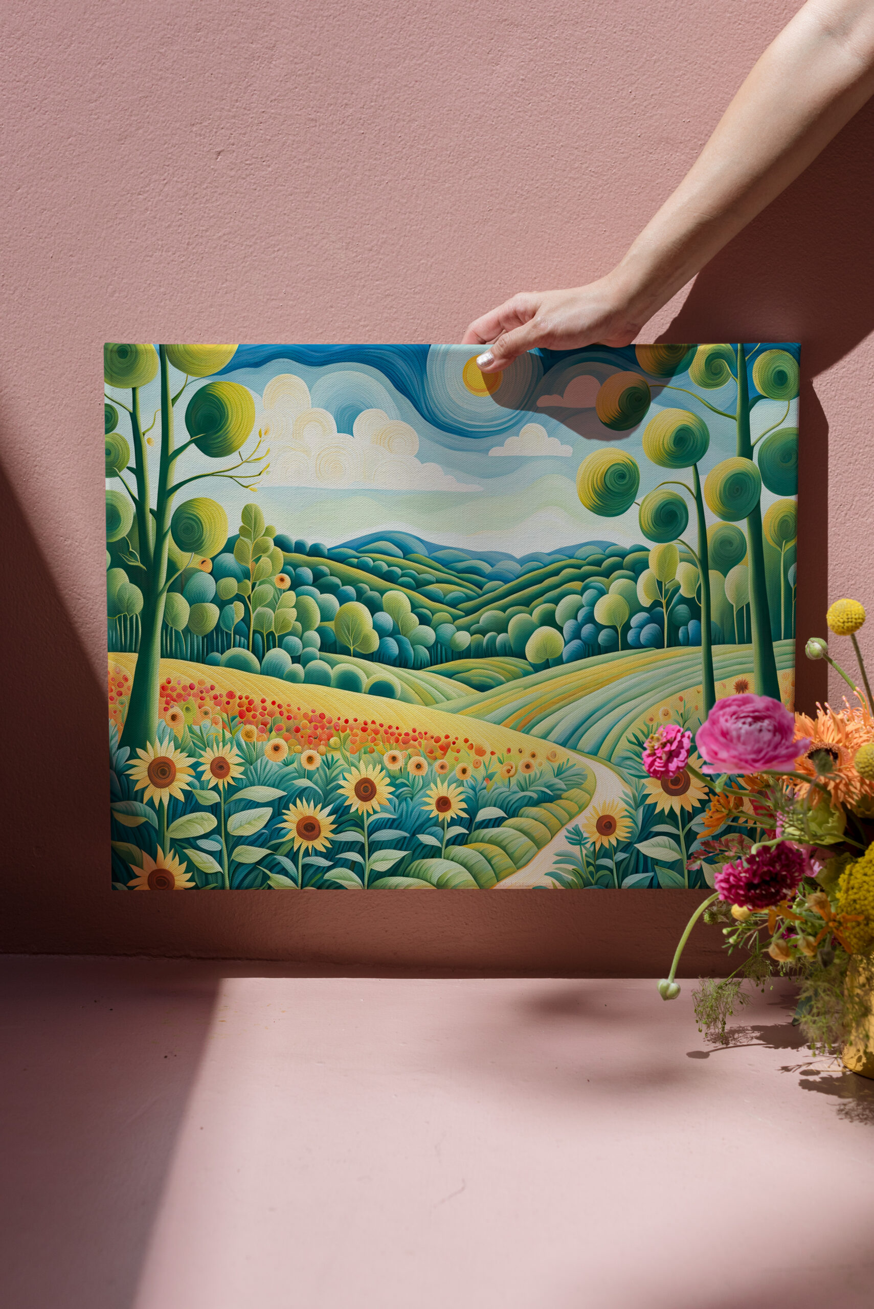 raxxa Canva: Pastel Landscape with Sunflower Fields and Path - immagine 2