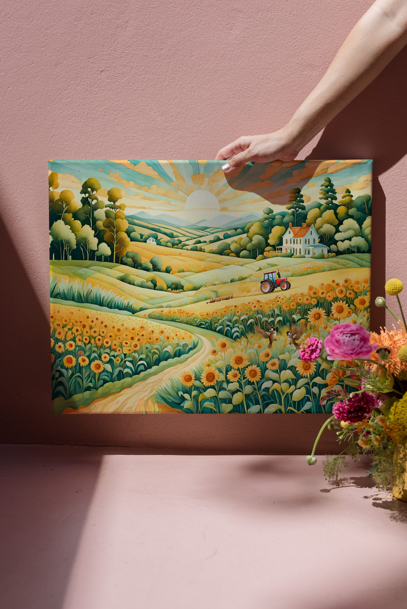 raxxa Canva: Pastel Landscape with Sunflower Fields and Path – Bild 3