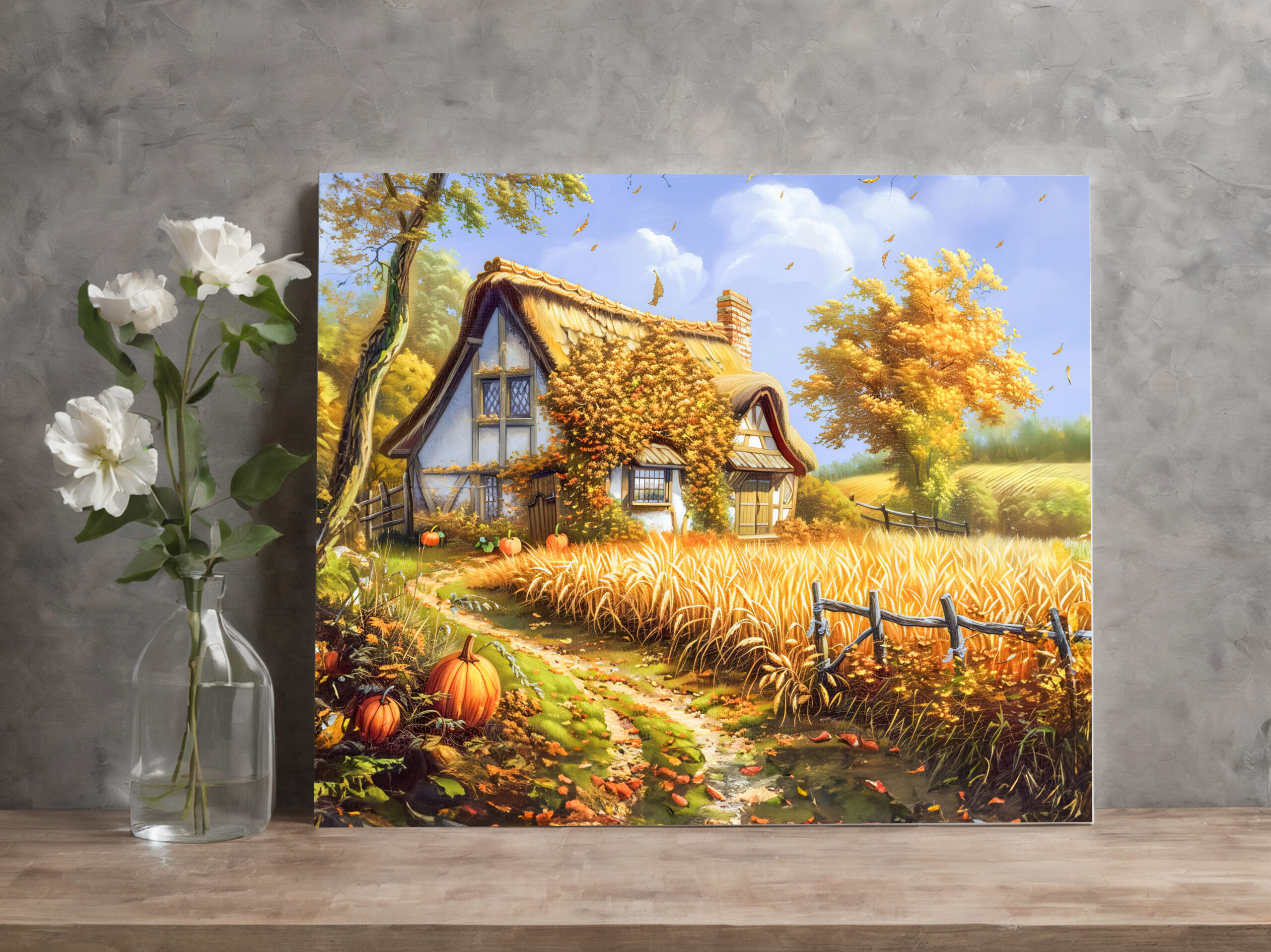 raxxa Canva: Autumn Cottage by Wheat Field and Pumpkins