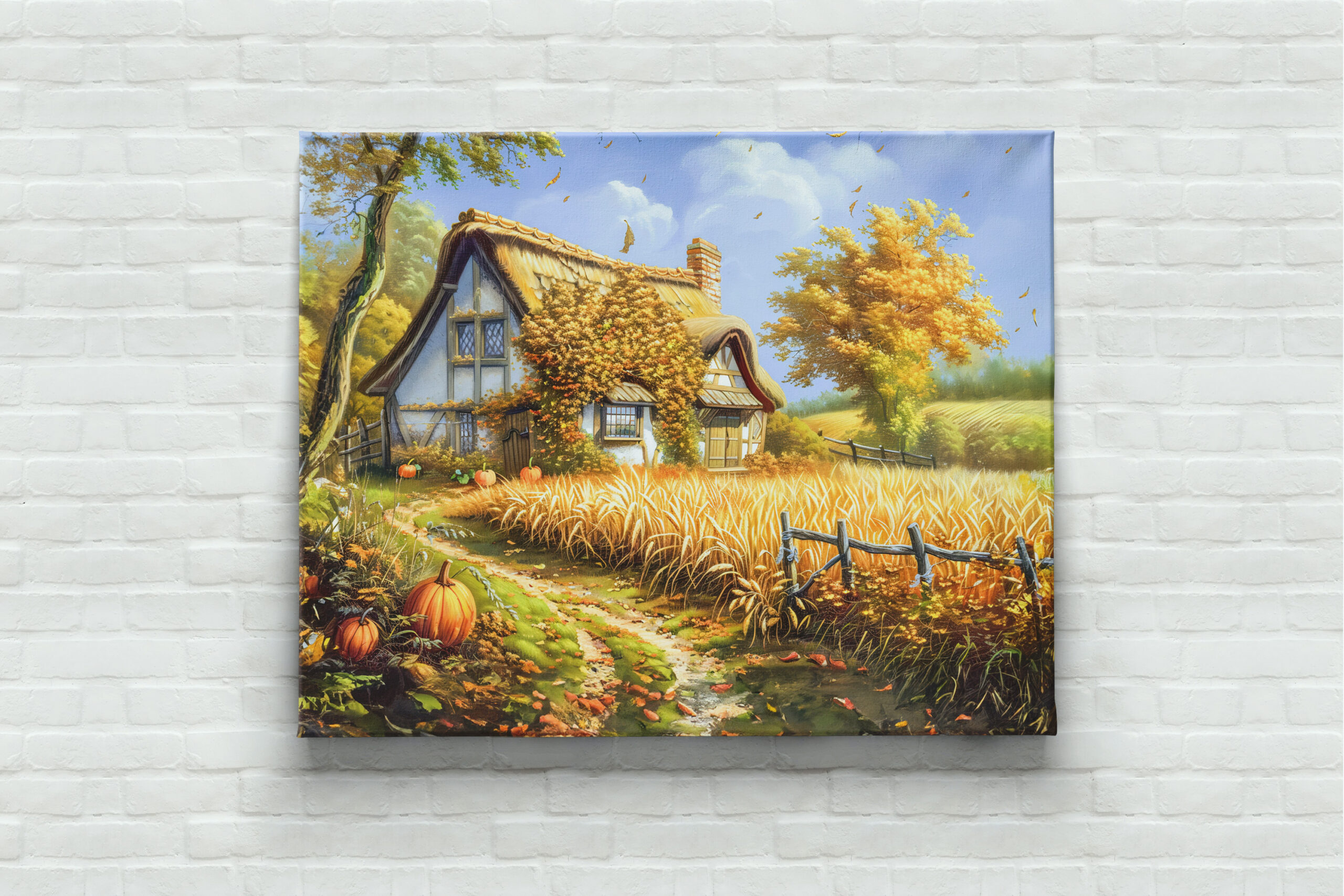 raxxa Canva: Autumn Cottage by Wheat Field and Pumpkins - immagine 2
