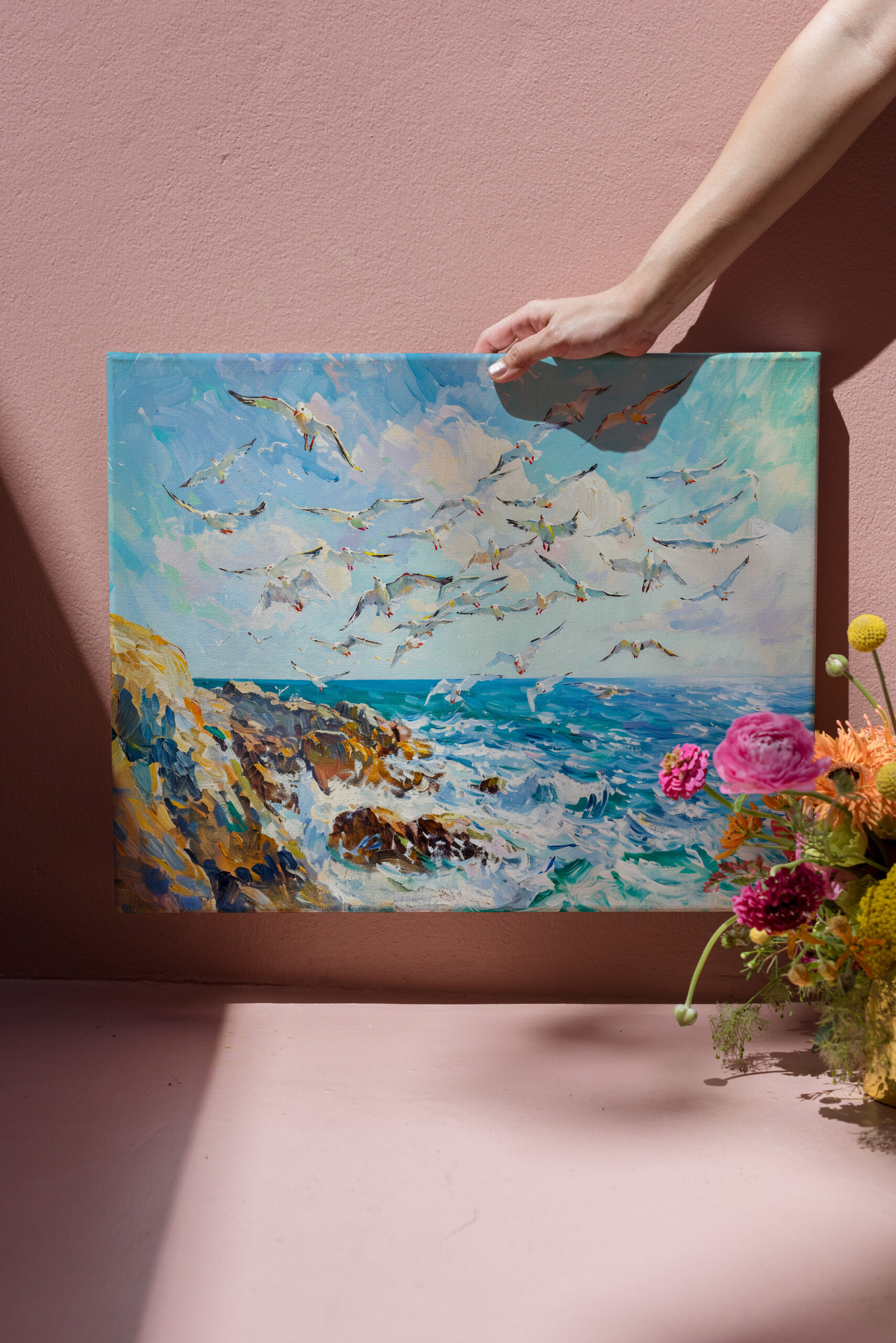 raxxa Canva: Seagulls Over Waves Impressionist Ocean Scene