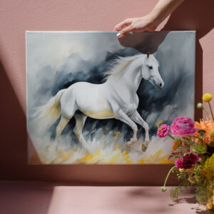 raxxa Canva: White Horse Running in Sand, Dark Background