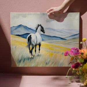raxxa Canva: White Horse Running in Sand, Dark Background