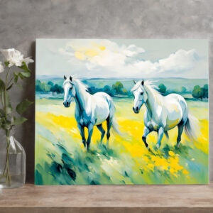 raxxa Canva: Two White Horses Running Through Yellow Flowers