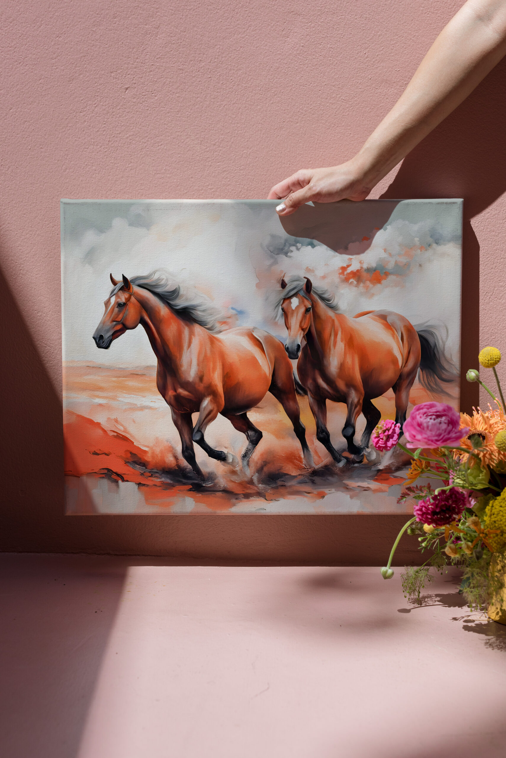 raxxa Canva: Two Chestnut Horses Running Through Red Sand