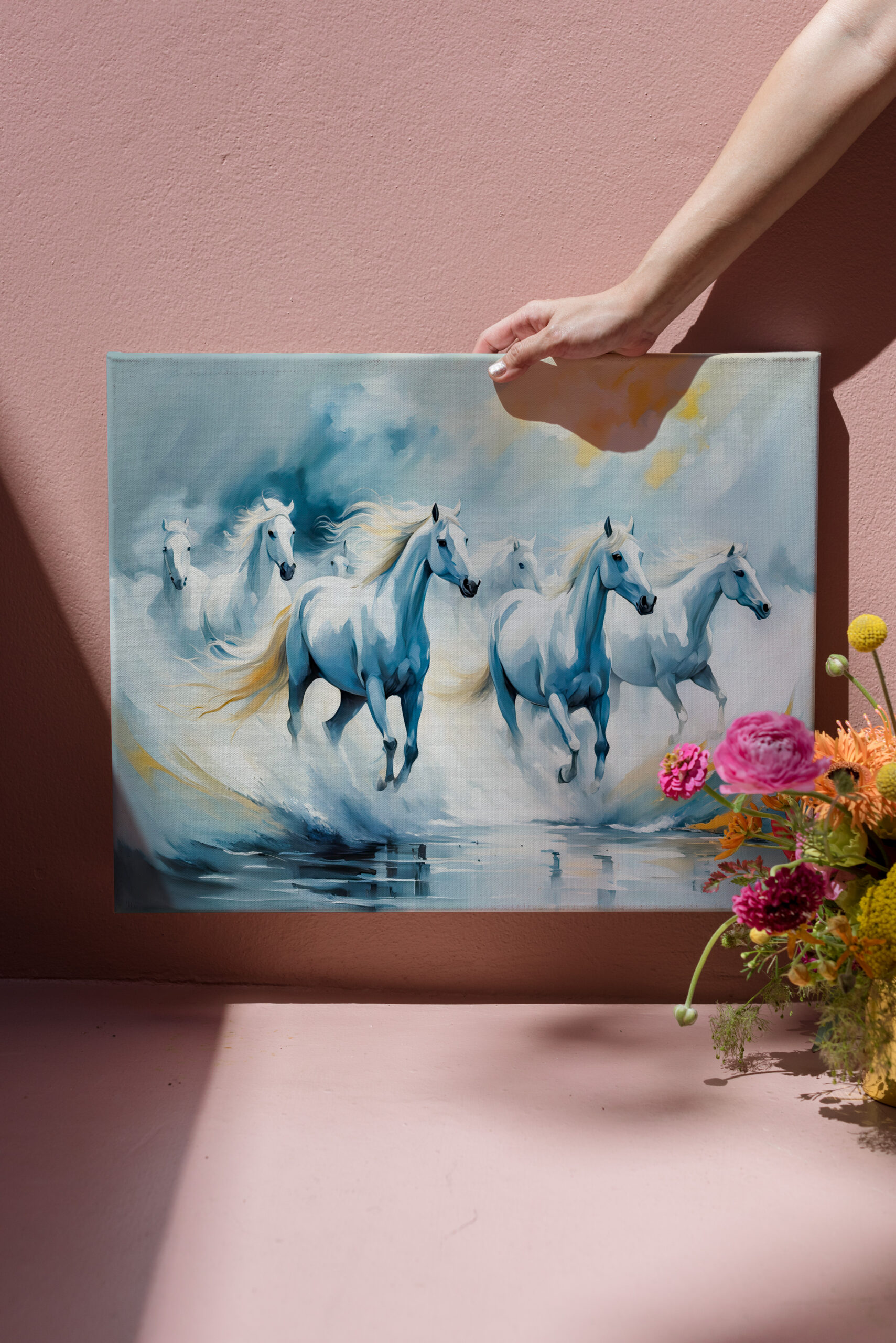 raxxa Canva: Large Group of White Horses Running Through Sea – Image 3