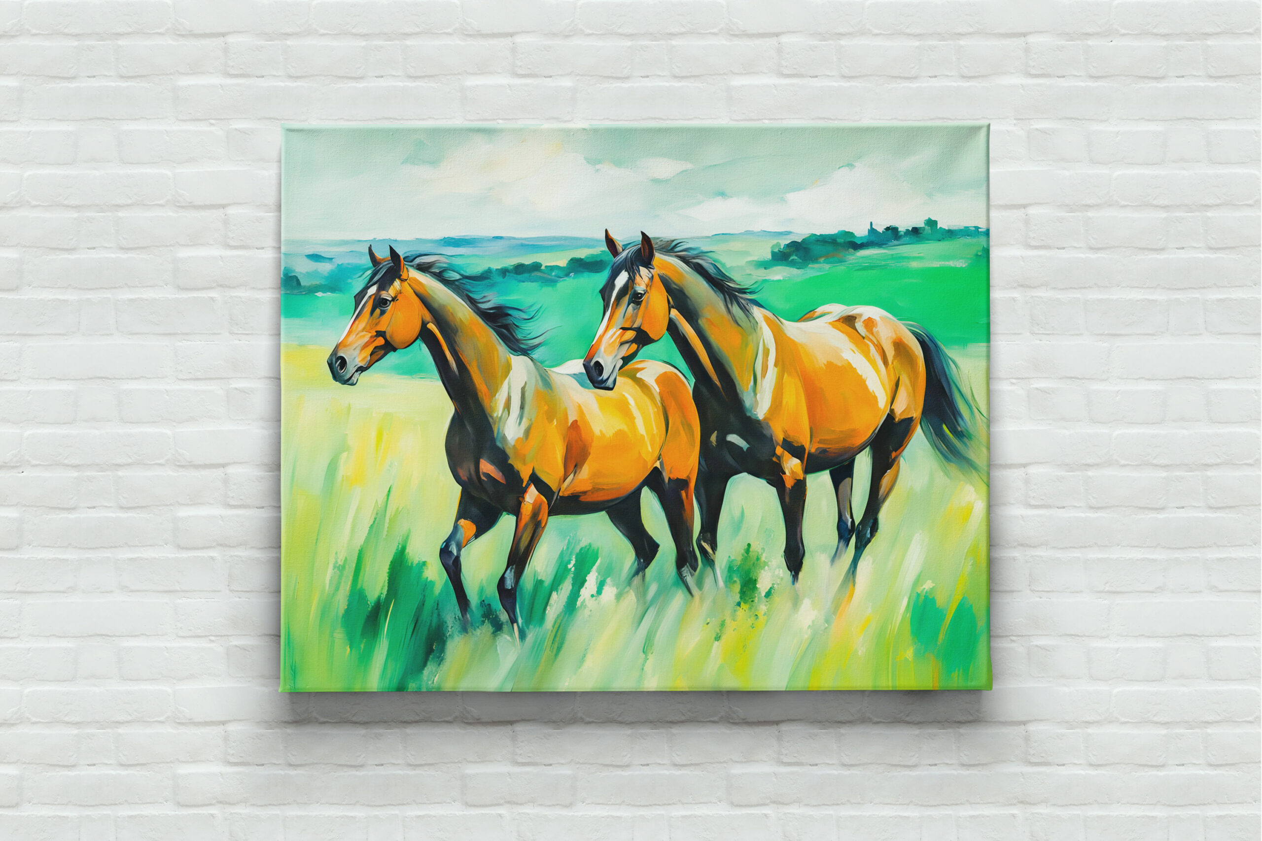 raxxa Canva: Two Brown Horses Running Across Green Meadow - Image 2