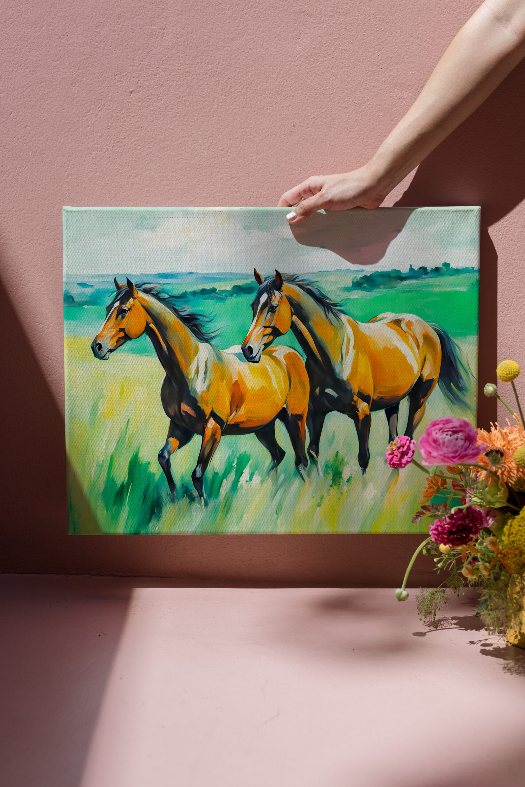 raxxa Canva: Two Brown Horses Running Across Green Meadow - Image 3