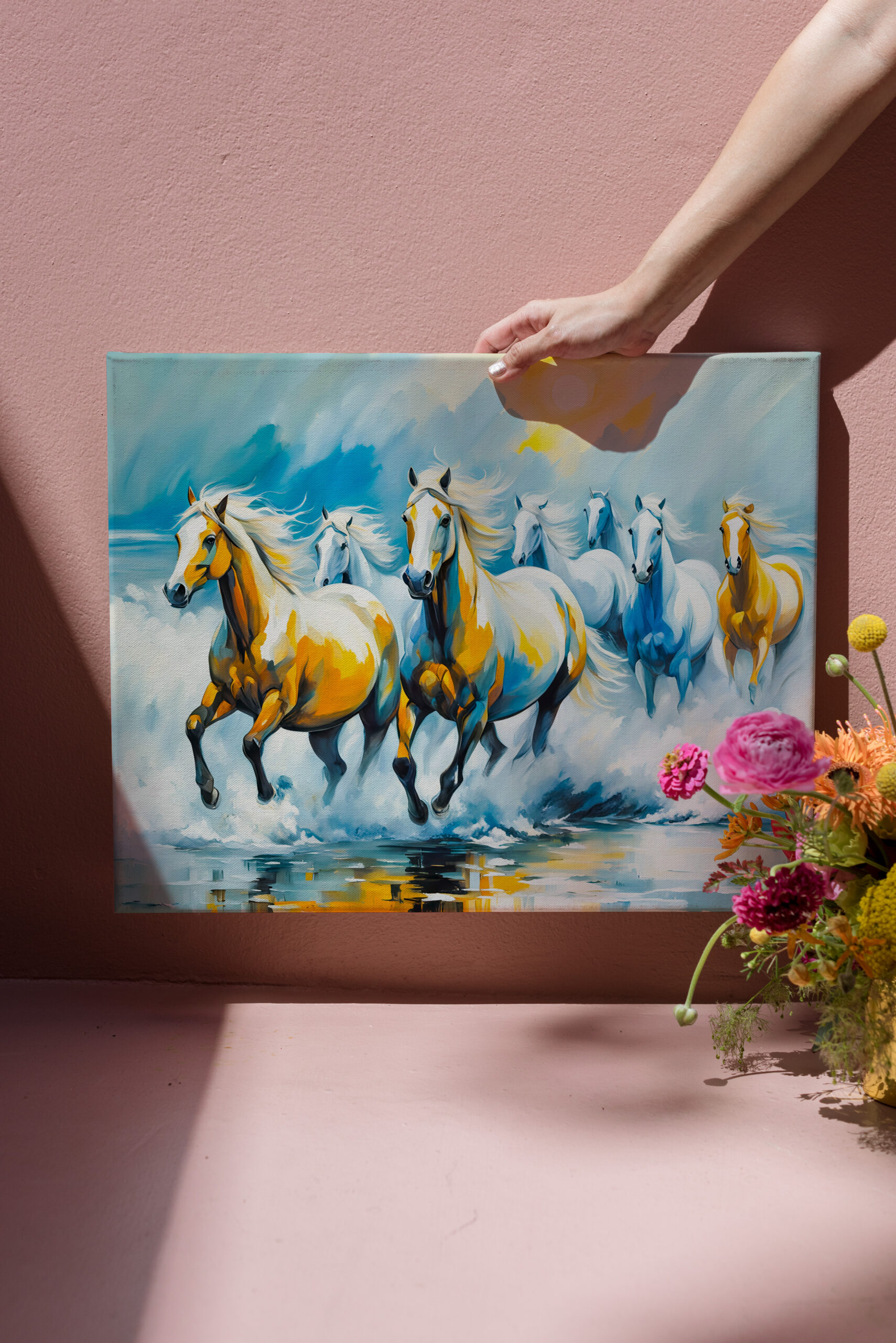 raxxa Canva: Chestnut Horses Running Through Shallow Seaild - Imagen 3