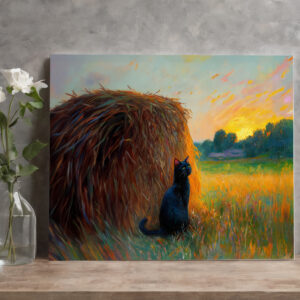 raxxa Canva: Impressionistic Oil Painting of Cat by Haystack at Sunset