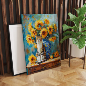 raxxa Canva: Impressionistic Oil Painting of Cat by Sunflower Bouquet