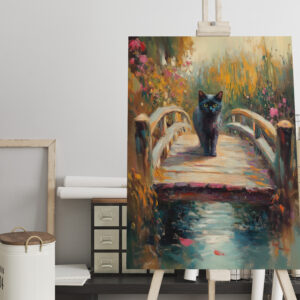 raxxa Canva: Impressionistic Oil Painting of Black Cat on Wooden Pier by Pond