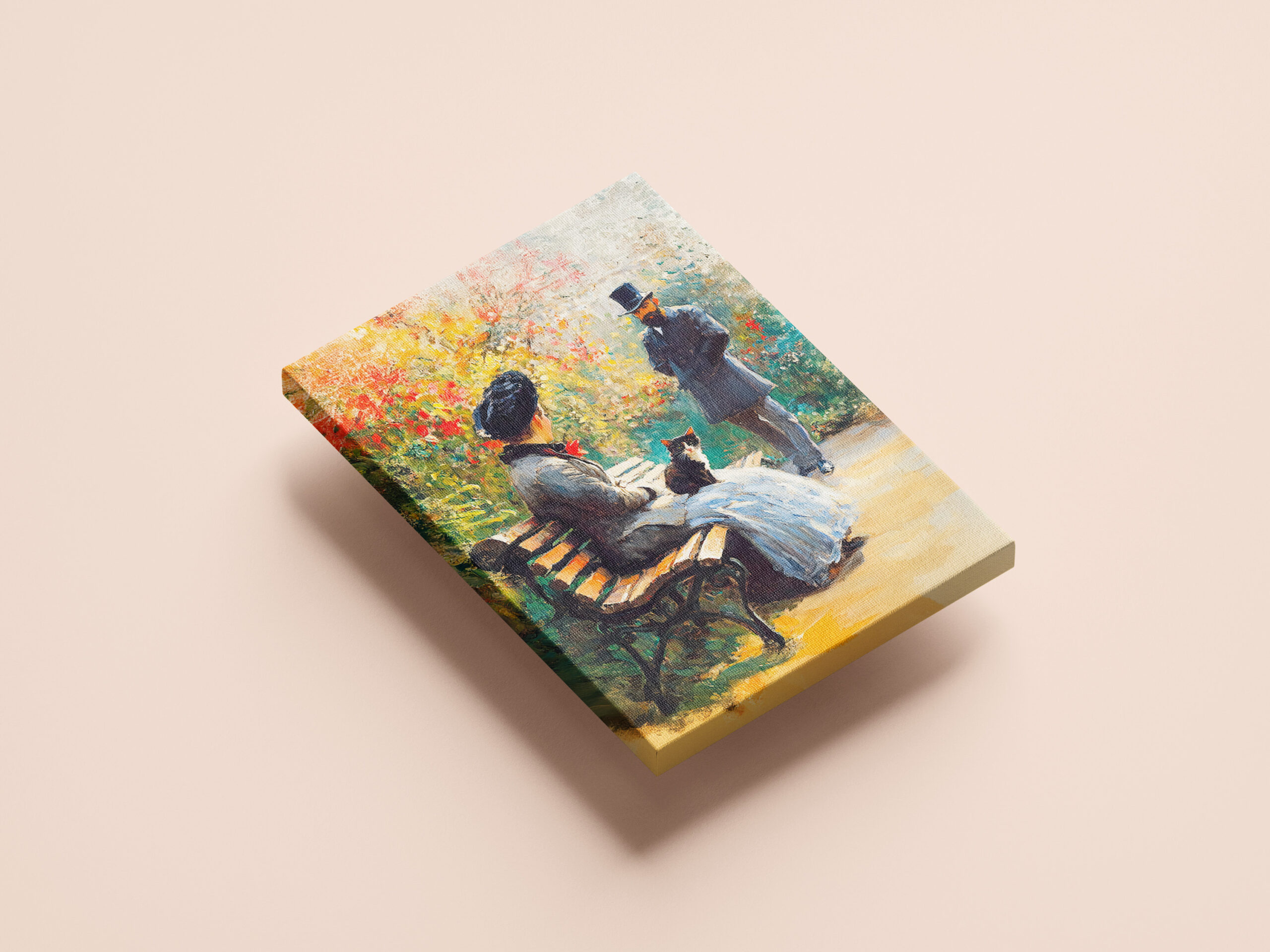 raxxa Canva: Impressionistic Oil Painting of Couple in Garden with Cat on Lap - Imagen 2