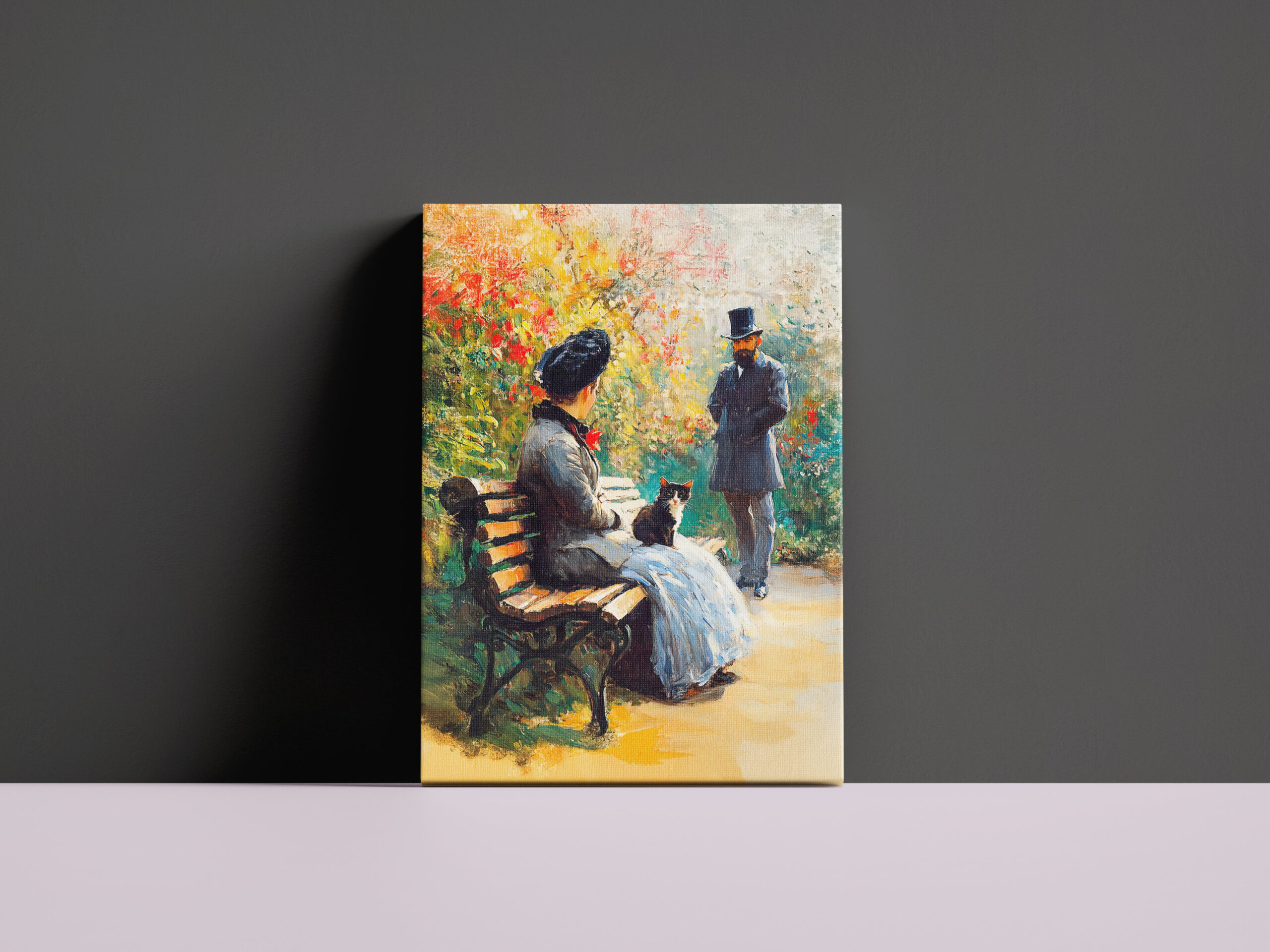 raxxa Canva: Impressionistic Oil Painting of Couple in Garden with Cat on Lap - Imagen 3