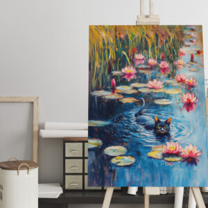 raxxa Canva: Impressionistic Oil Painting of Black Cat in Lily Pond