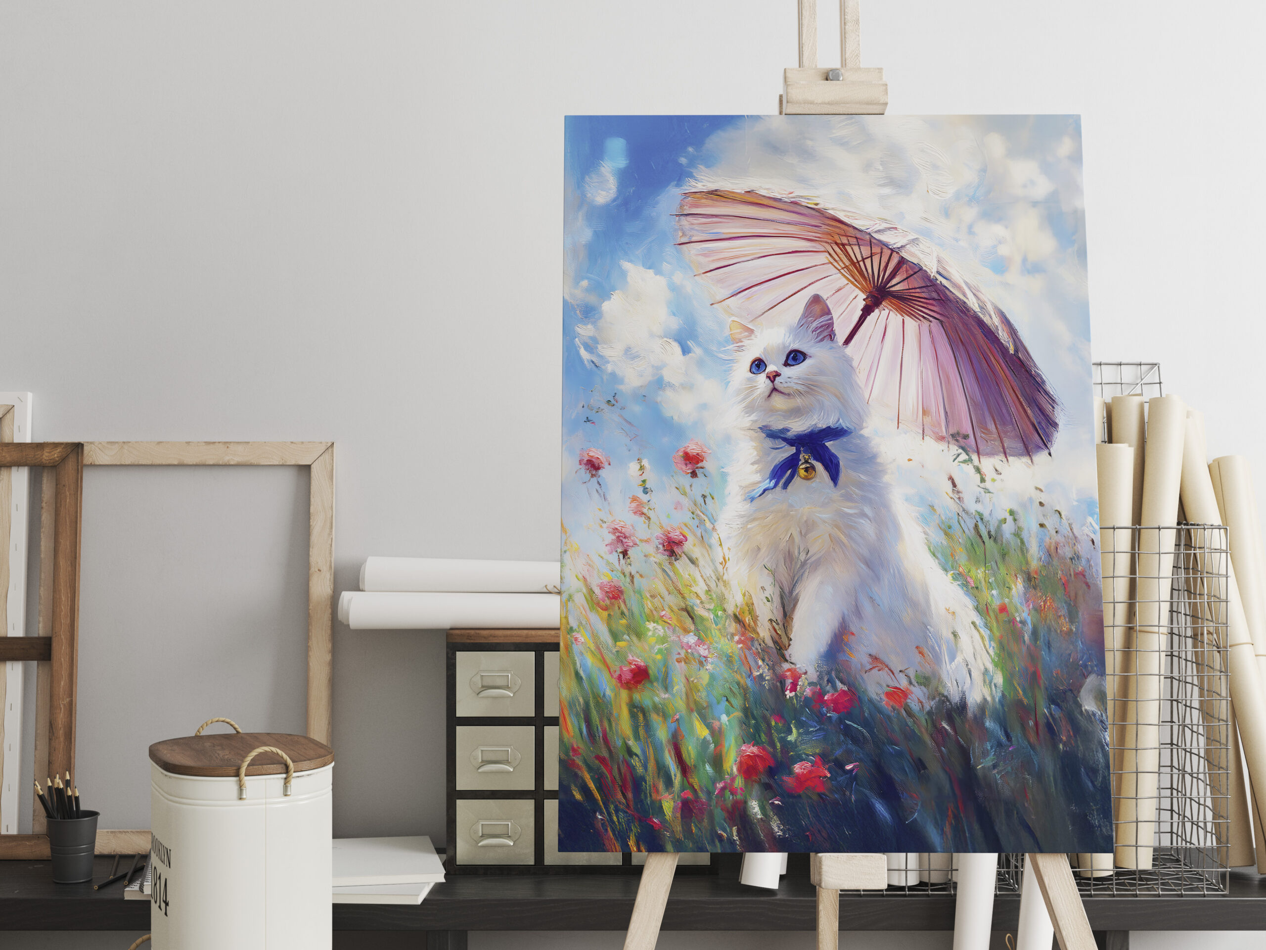 raxxa Canva: Impressionistic Oil Painting of White Cat with Parasol in Poppy Field