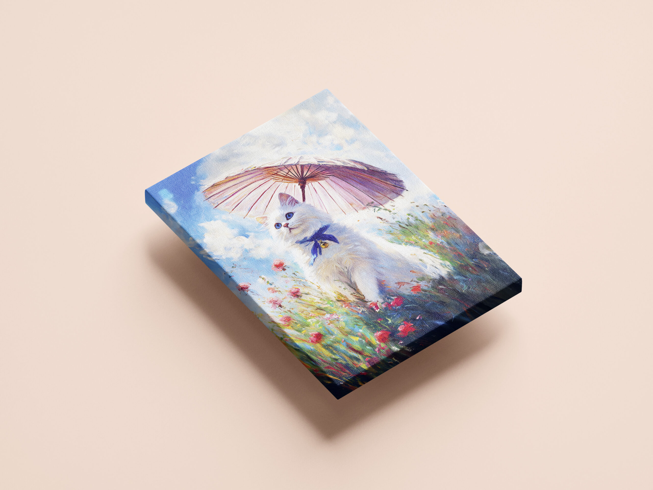 raxxa Canva: Impressionistic Oil Painting of White Cat with Parasol in Poppy Field - Imagen 2