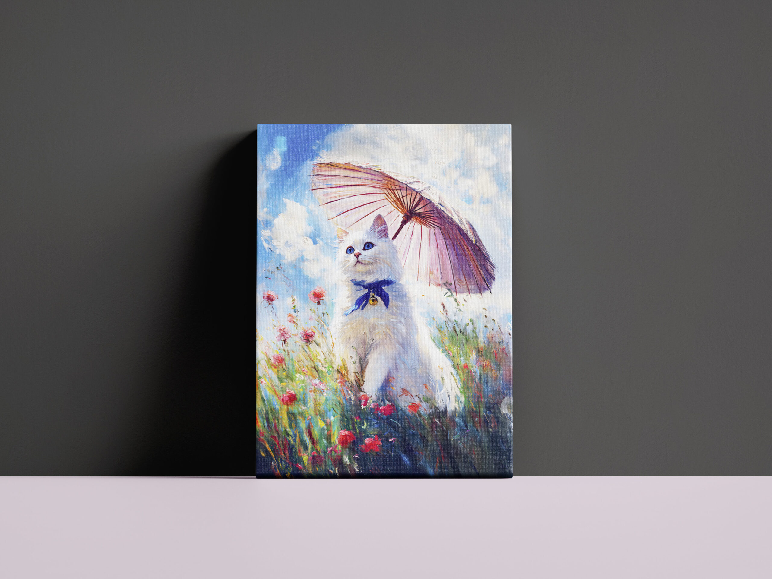 raxxa Canva: Impressionistic Oil Painting of White Cat with Parasol in Poppy Field - Imagen 3