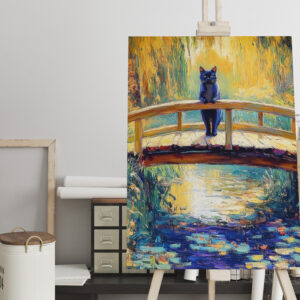 raxxa Canva: Impressionistic Oil Painting of Black Cat on Wooden Pier by Pond