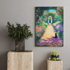 raxxa Canva: Impressionistic Oil Painting of Cat on Flower-Lined Garden Path