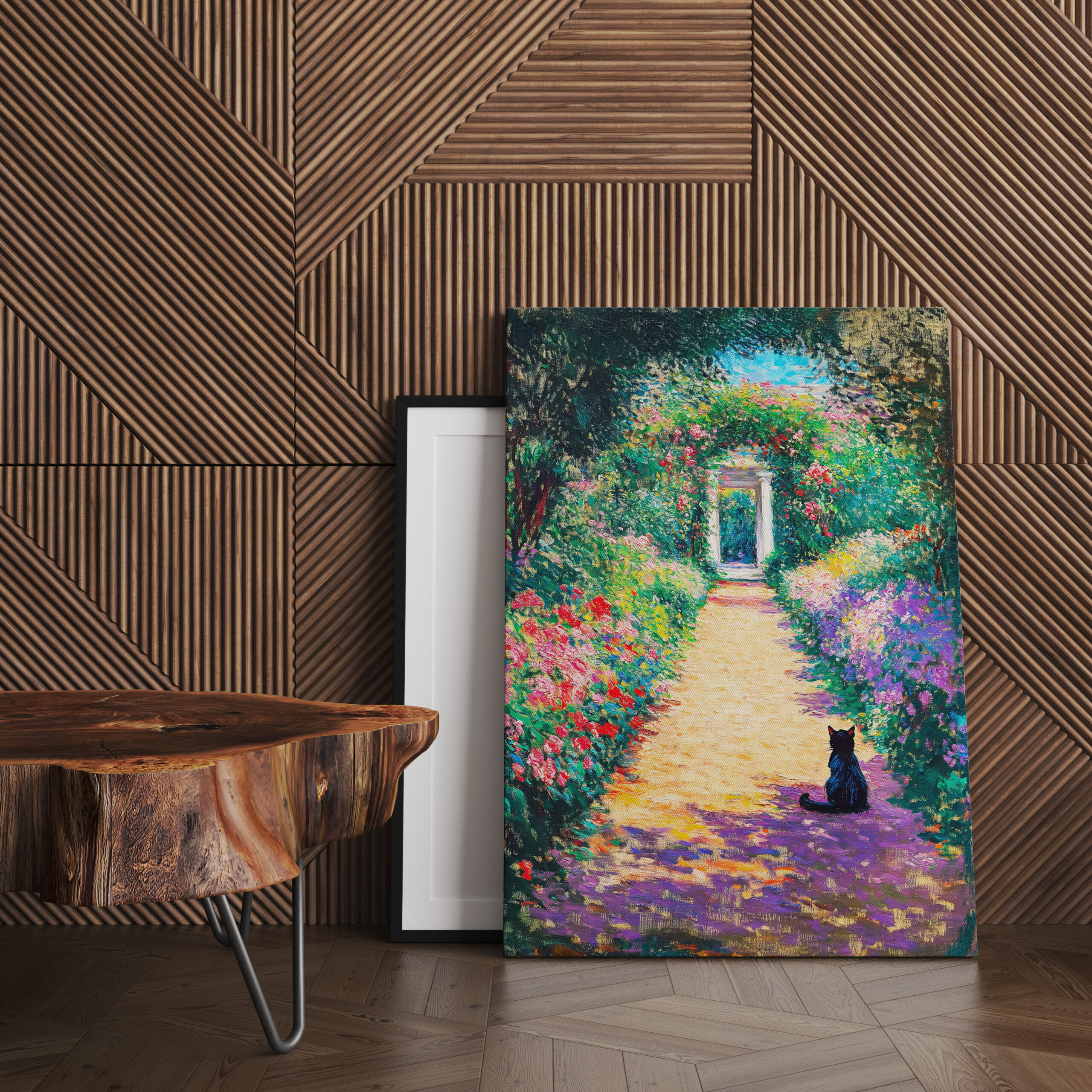 raxxa Canva: Impressionistic Oil Painting of Cat on Flower-Lined Garden Path - immagine 2