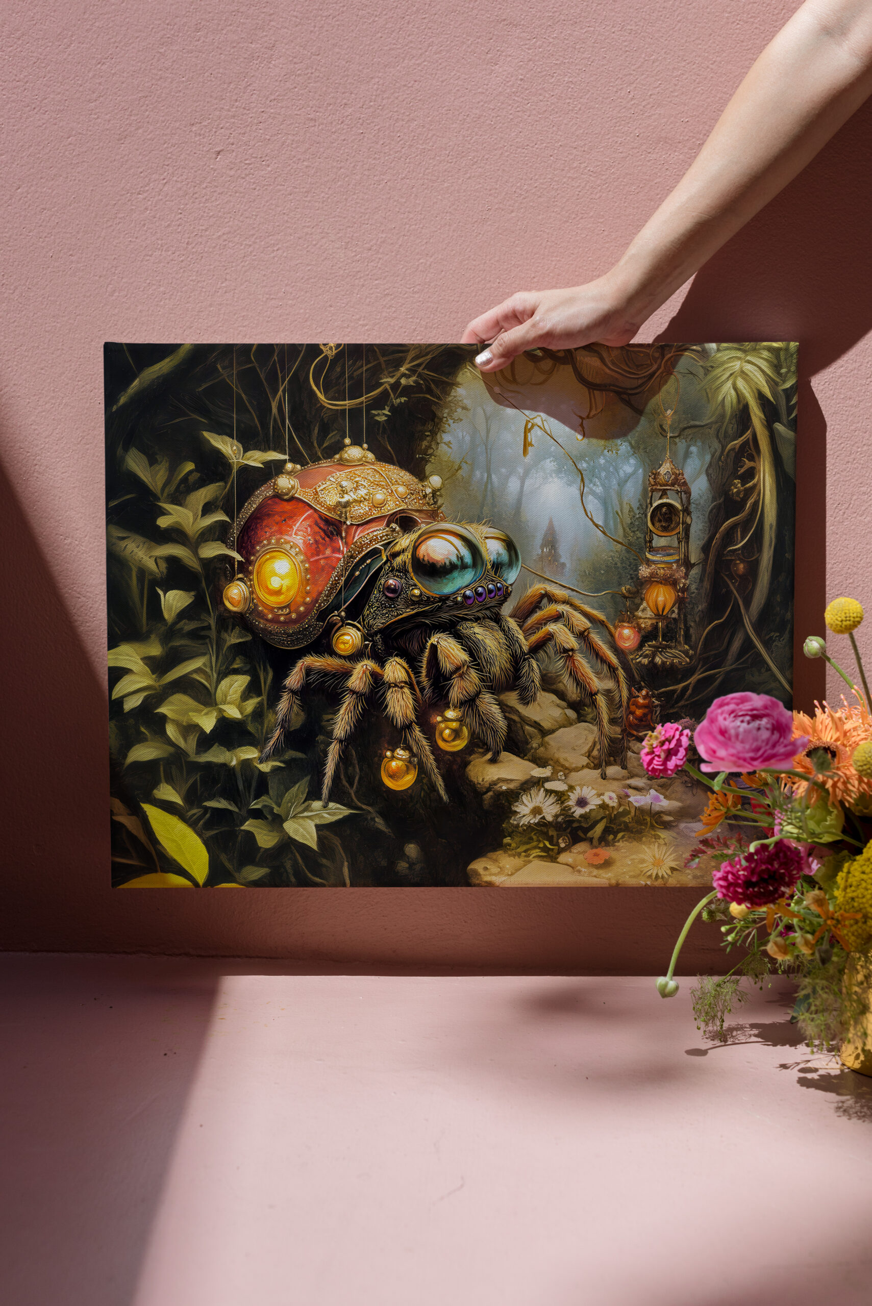raxxa Canva: Funny Spider with Snail Shell Body in Fantasy Forest