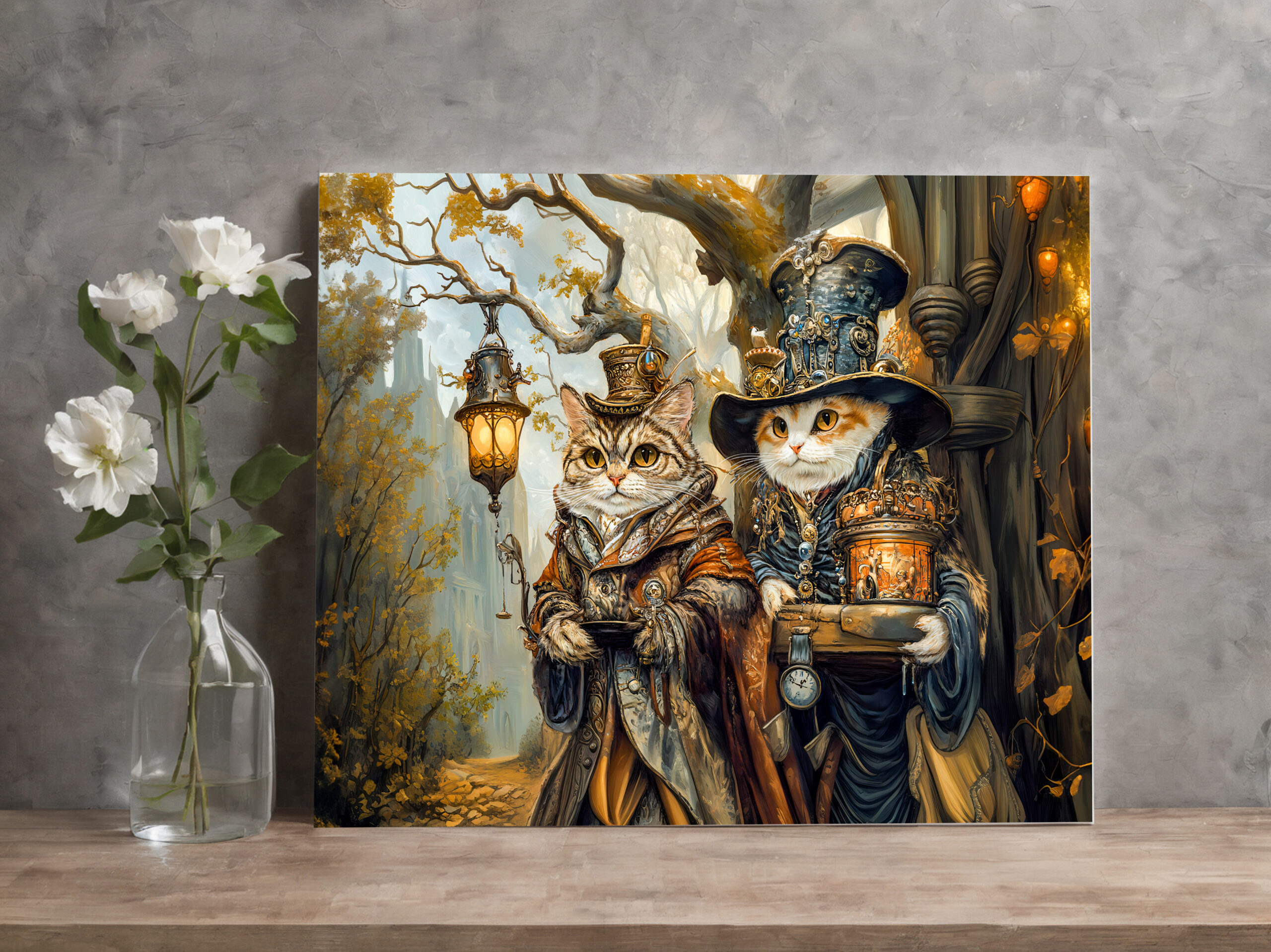 raxxa Canva: Two Magic Cats in a Steampunk Fantasy Scene
