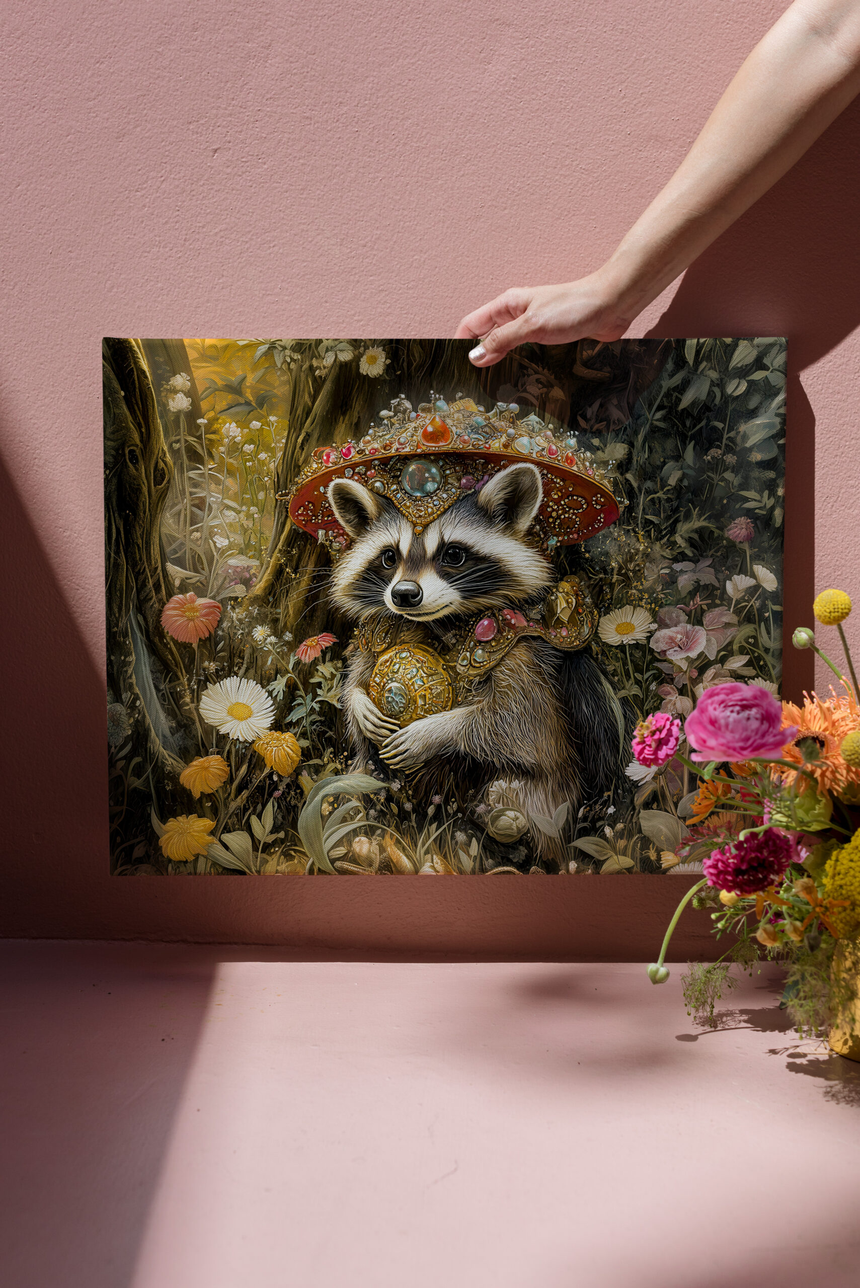 raxxa Canva: Raccoon with a Fly Agaric Mushroom in Fantasy Forest