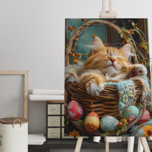 raxxa Canva: Cute Cat Sleeping in Wicker Basket Surrounded by Easter Eggs