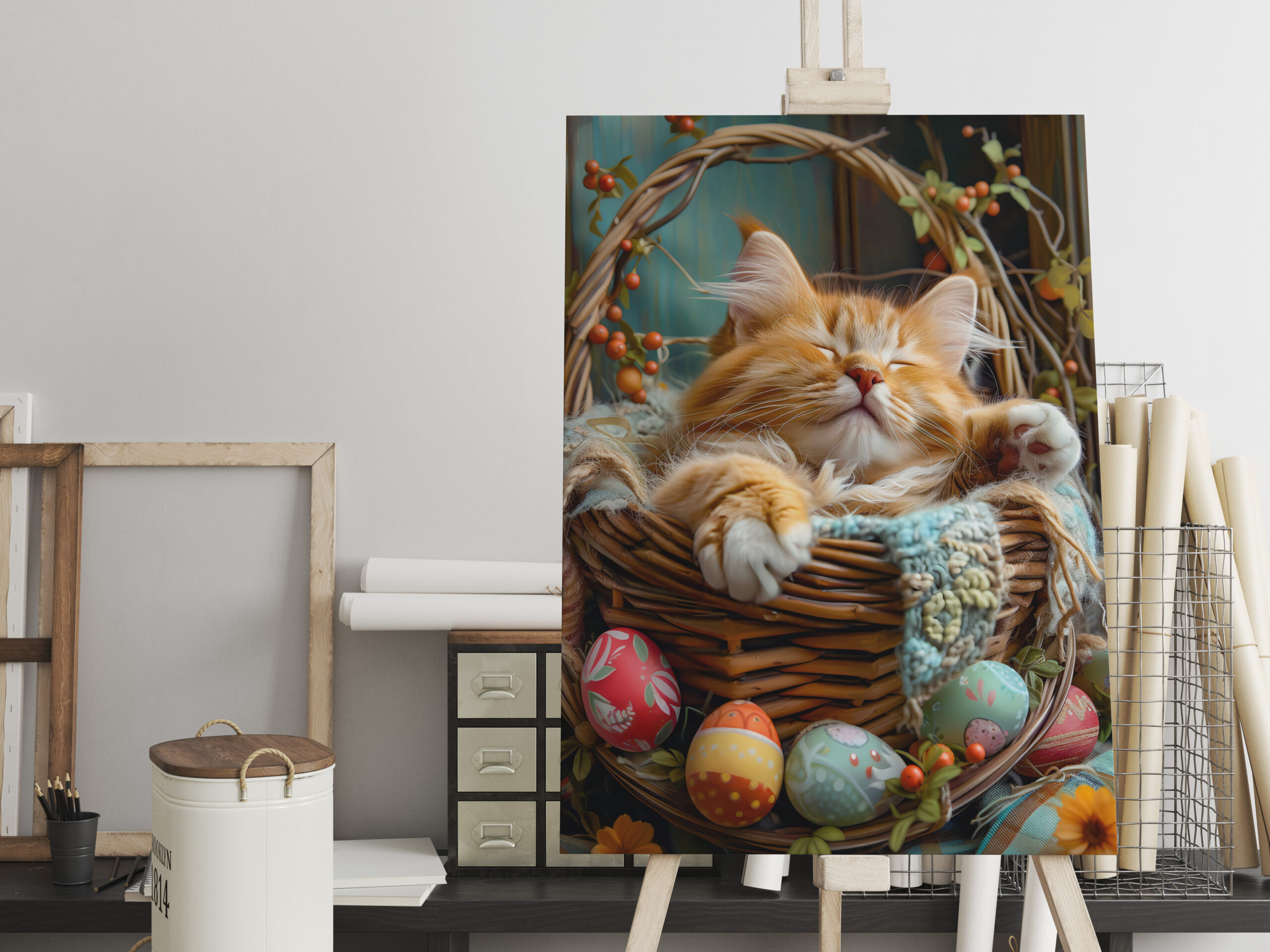 raxxa Canva: Cute Cat Sleeping in Wicker Basket Surrounded by Easter Eggs