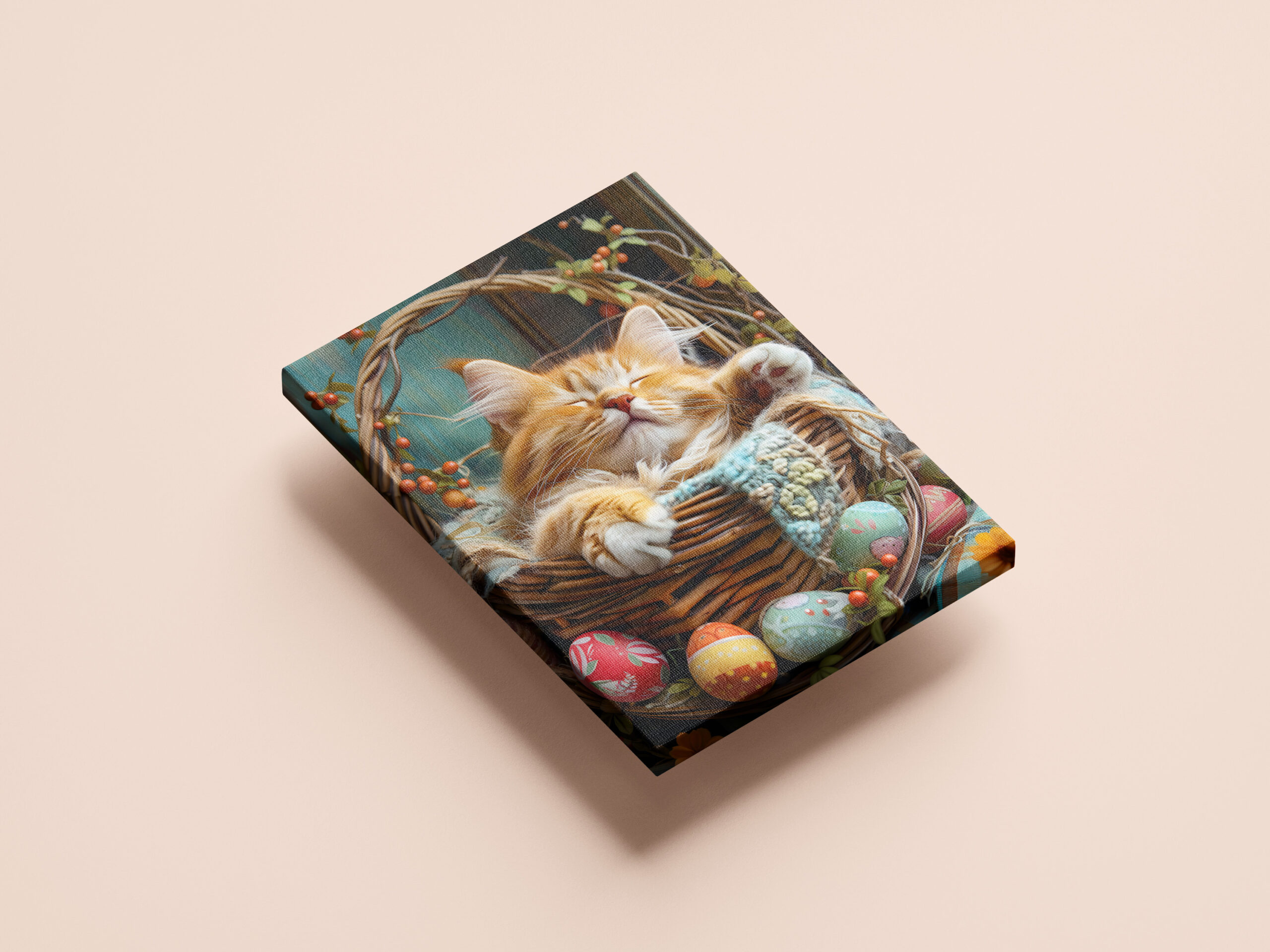 raxxa Canva: Cute Cat Sleeping in Wicker Basket Surrounded by Easter Eggs - immagine 2