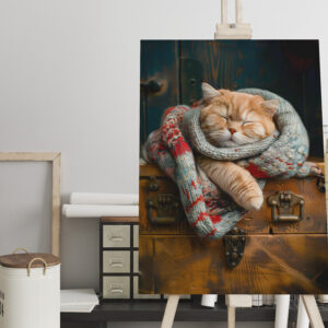 raxxa Canva: Cozy Cat Napping in Comfortable Setting on a wooden box