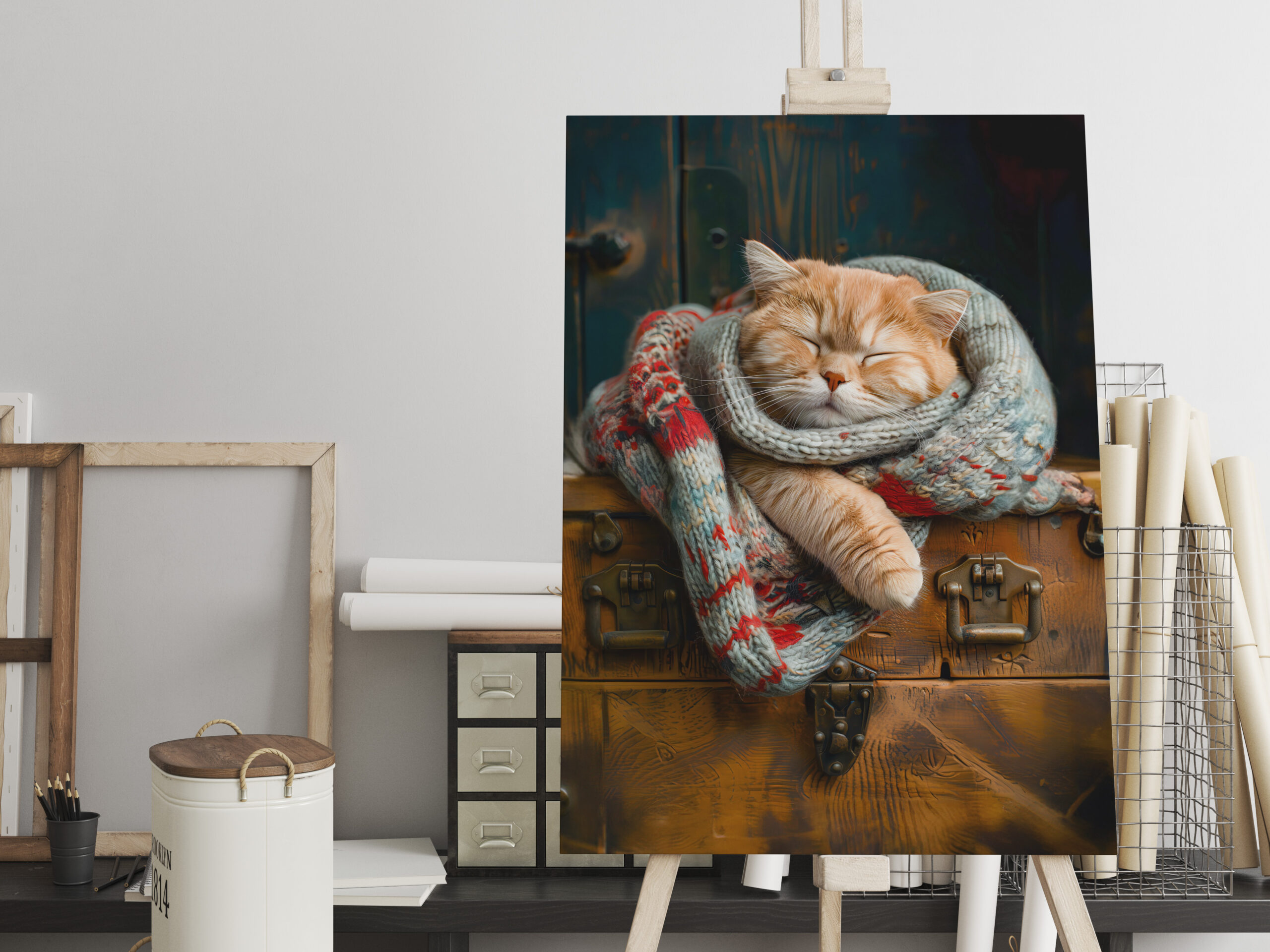 raxxa Canva: Cozy Cat Napping in Comfortable Setting on a wooden box
