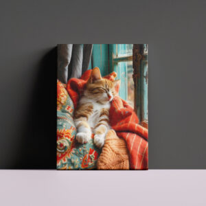 raxxa Canva: cat rests peacefully in a cozy environment under a blanket next to a window