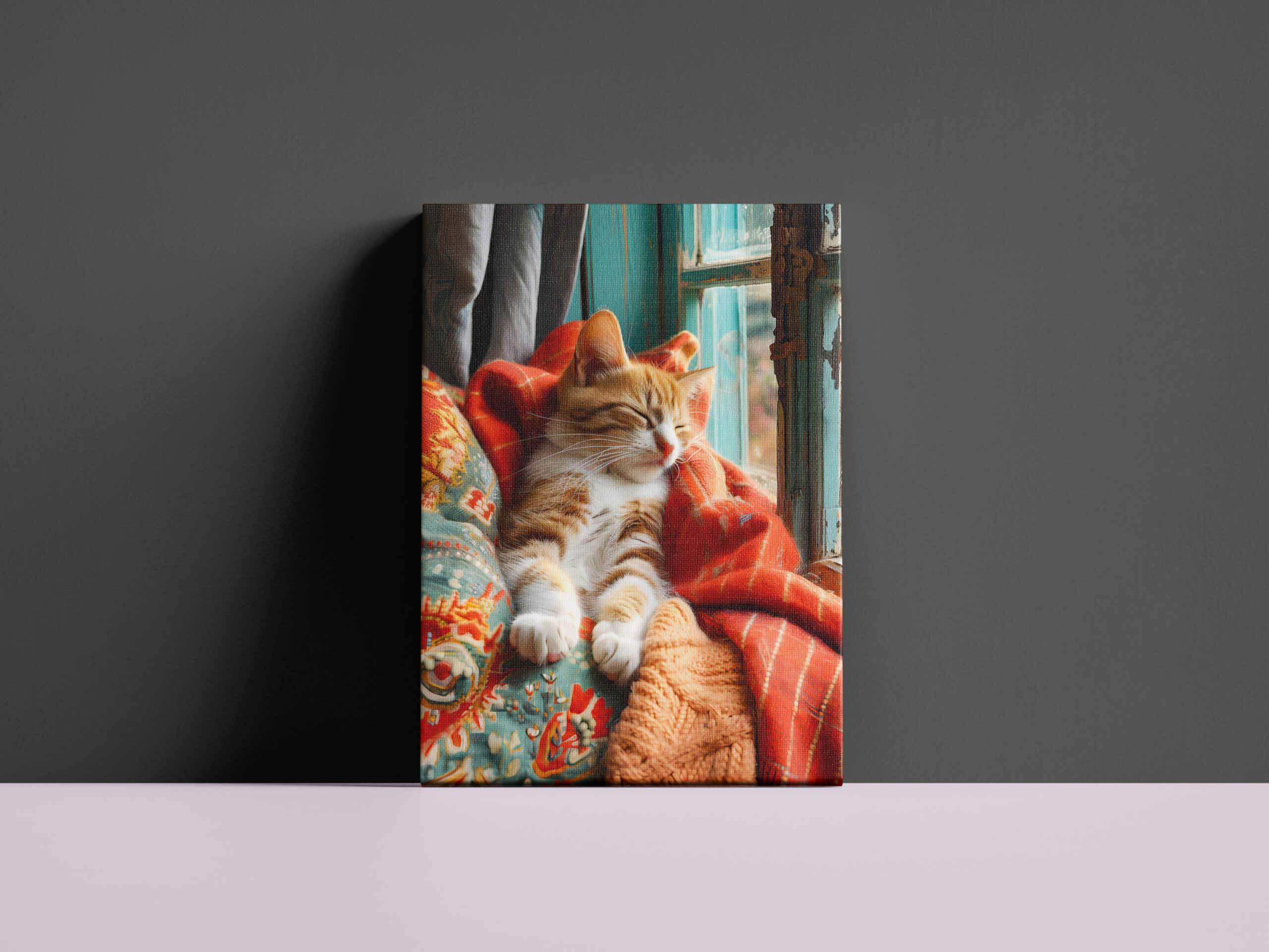 raxxa Canva: cat rests peacefully in a cozy environment under a blanket next to a window