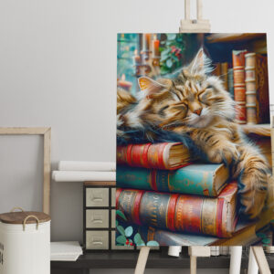 raxxa Canva: Cozy Cat Napping in Comfortable Book Setting