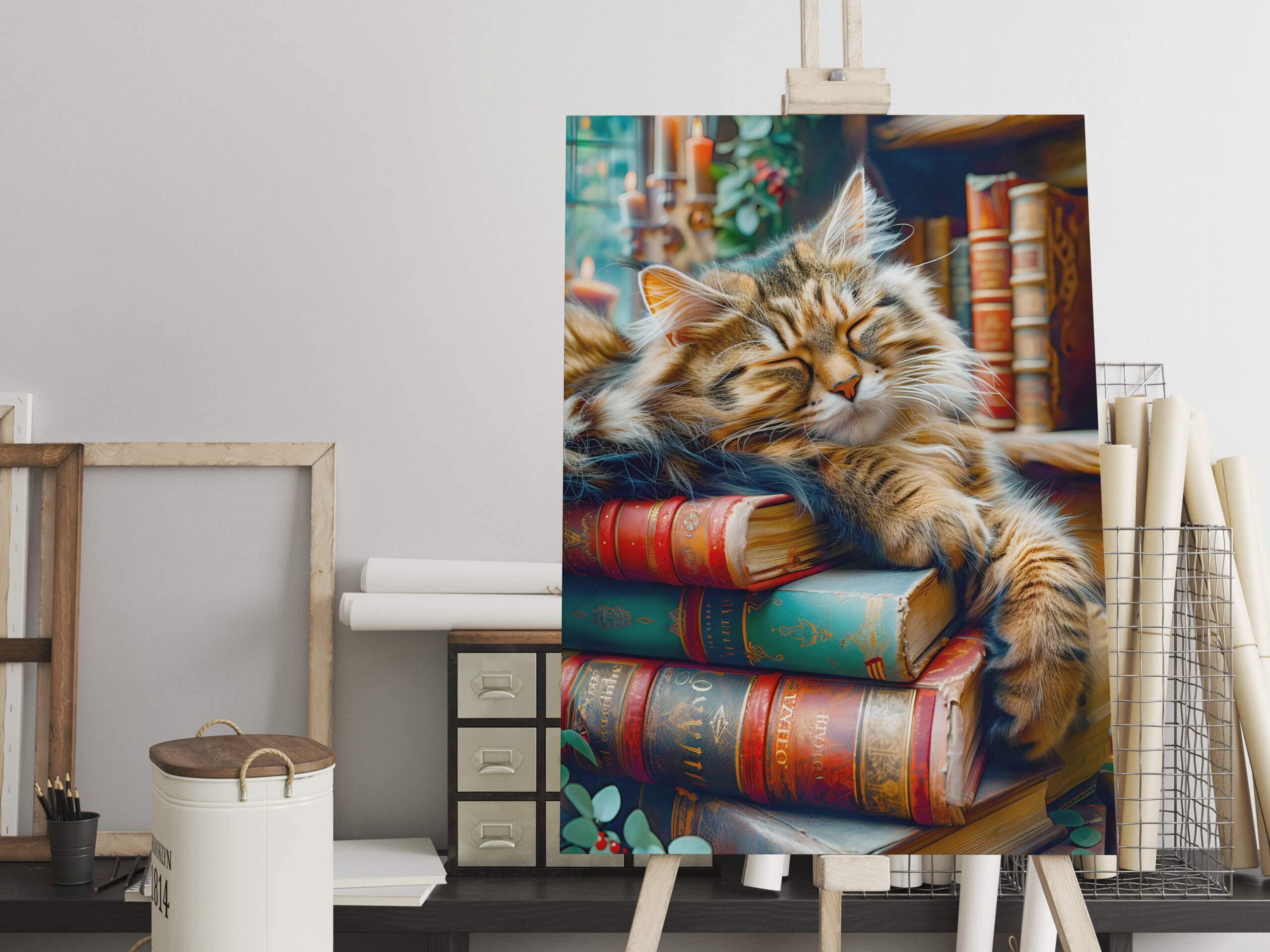 raxxa Canva: Cozy Cat Napping in Comfortable Book Setting