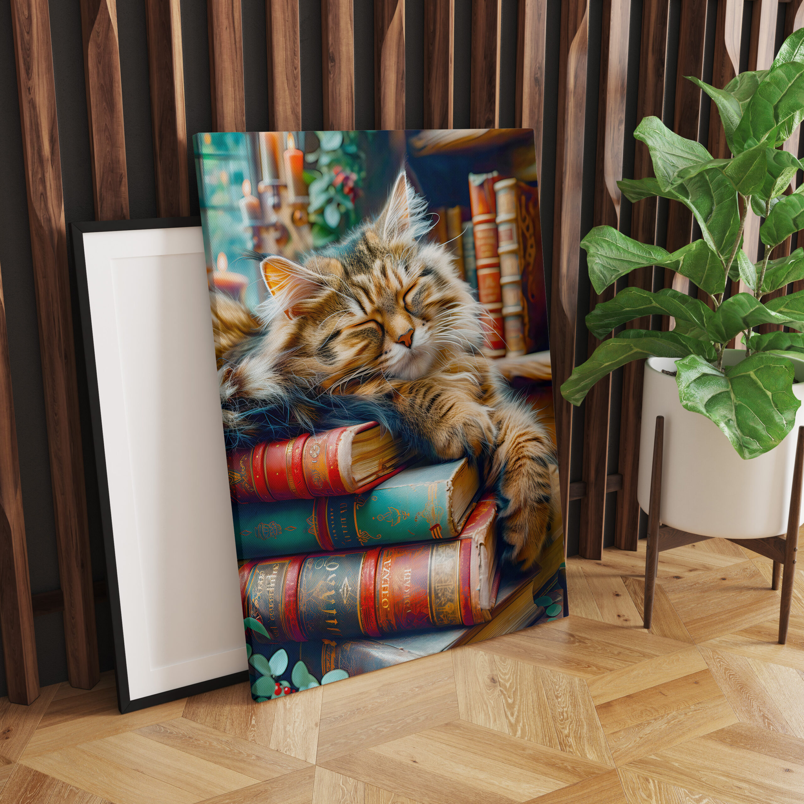 raxxa Canva: Cozy Cat Napping in Comfortable Book Setting - Imagen 2