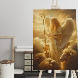 raxxa Canva: Heavenly Serenity Female Angel with Sheep and Shepherd Crook