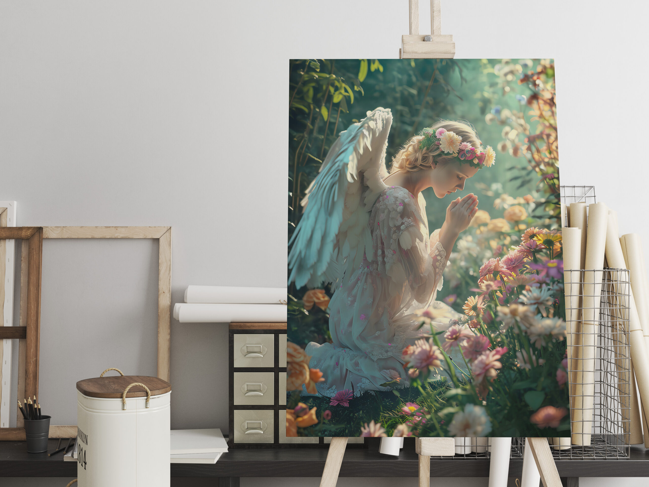 raxxa Canva: Angel praying in a flowerbed