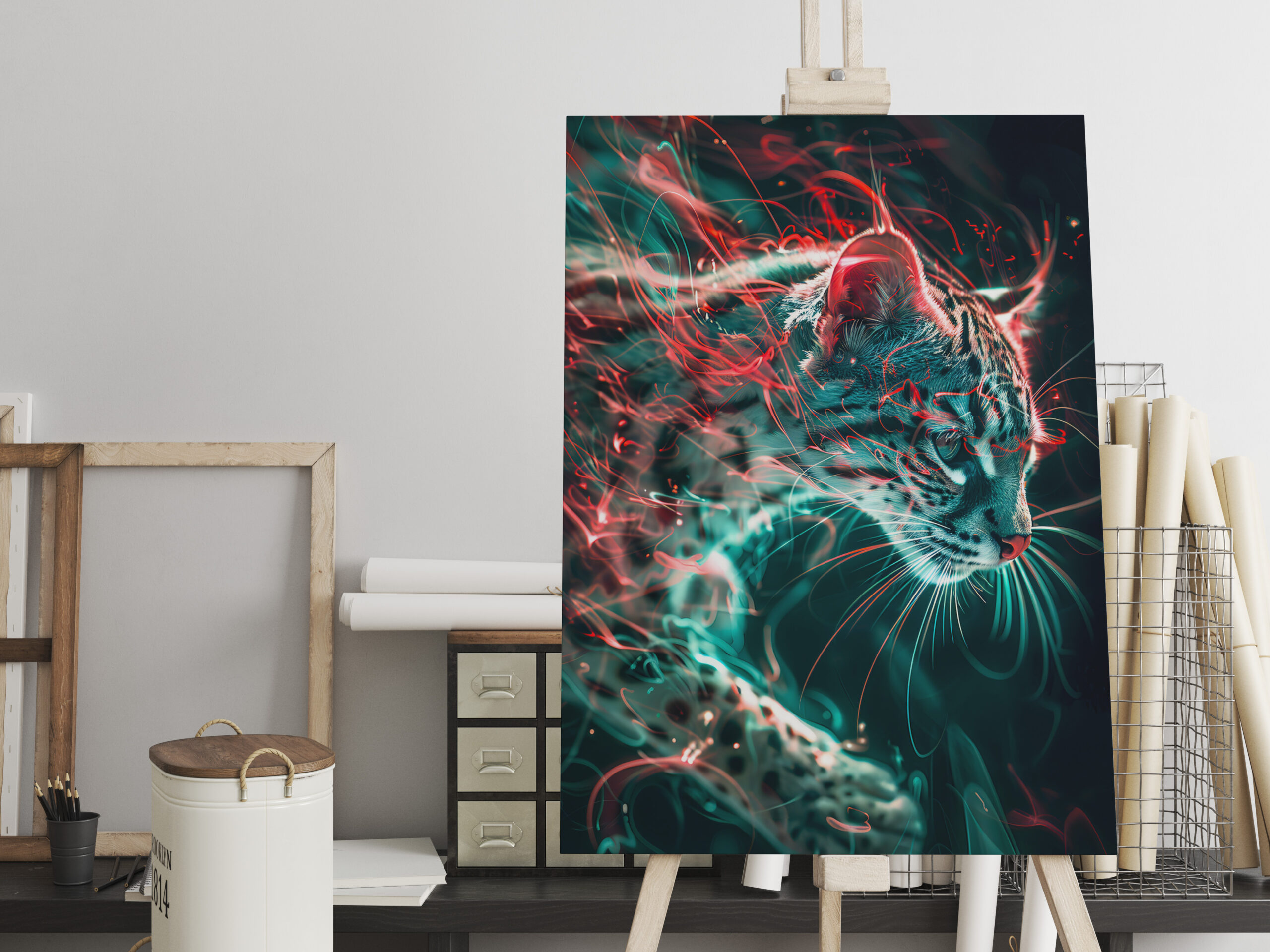 raxxa Canva: Turquoise Red Neon Fishing Cat Light