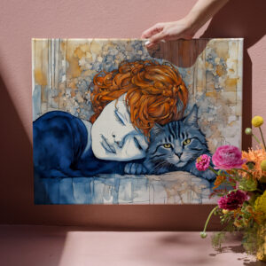 raxxa Canva: Watercolor Woman Sleeping with Cat