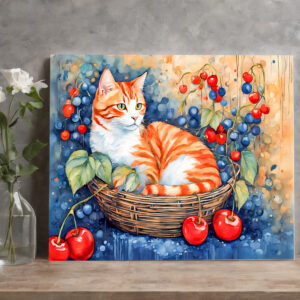 raxxa Canva: Watercolor Cat in Basket with Cherries